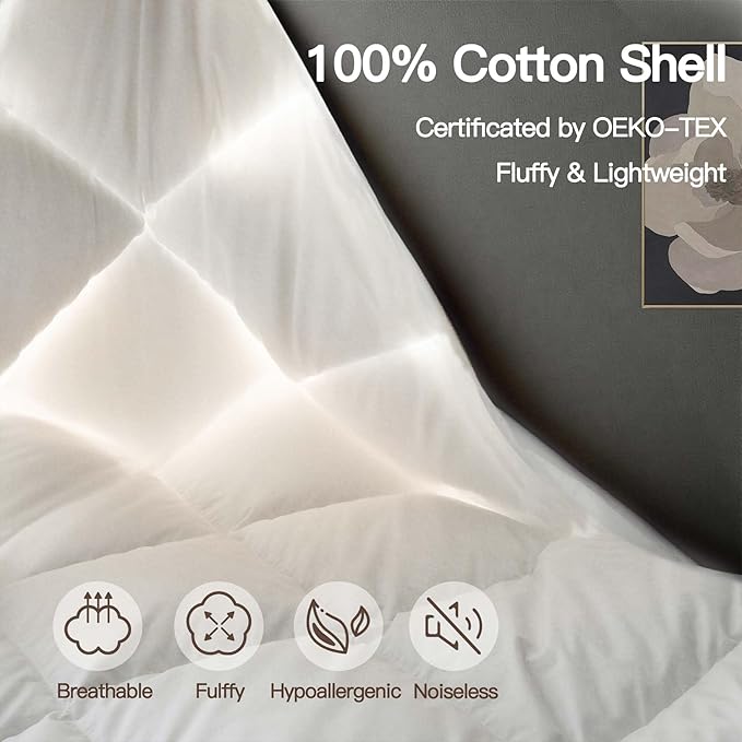 Goose Down Fiber Comforter Full Size, 100% Cotton Luxurious Hotel Duvet Insert for All Season, Fluffy and Cozy with 8 Corner Tabs Medium Warmth 82 x 86 Inch White