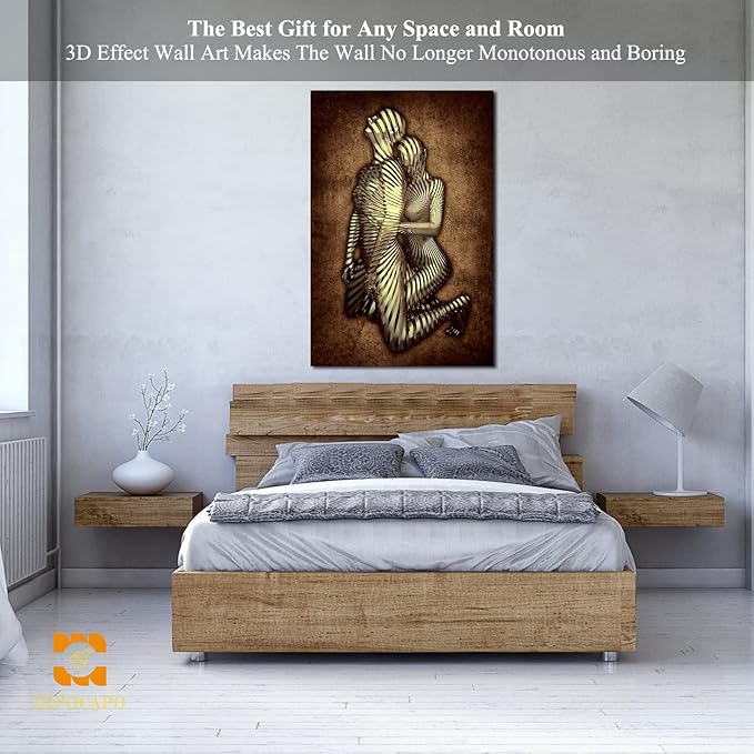 3D Metal Effect Canvas Wall Art- Gold 3D Metal Canvas Art Silver 3D Canvas Art Wall Decor for Modern Living Room, Romantic Couple Living Room Canvas Wall Art Framed 32”x48”x1Pcs