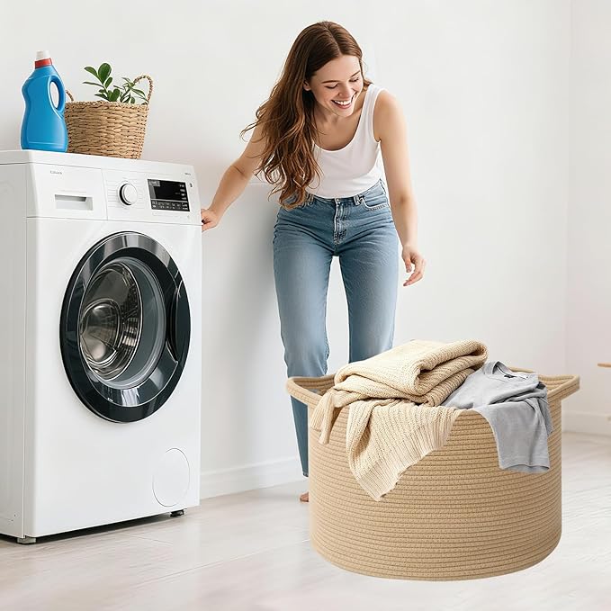 Large Blanket Basket for Organizing,65L Closet Organizers and Storage Bins Box for Shelves Woven Rope Storage Baskets,Living Room,Bedroom,Dorm,Laundry room (Camel)