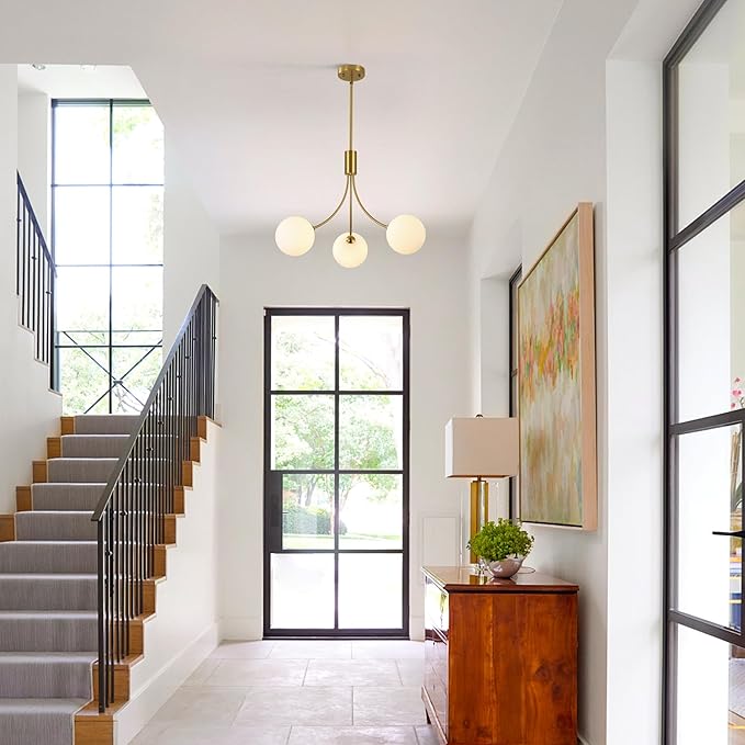 3-Light Gold Sputnik Chandeliers for Dining Room Light Fixture, Mid Century Hanging Modern Chandelier for Kitchen Island Foyer Entryway, Milk White Globe Glass Shade
