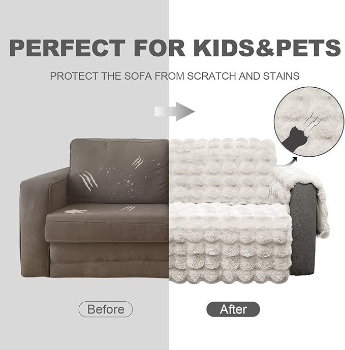 Plush and Fuzzy Shaggy Couch Cover, Dog Pad Faux Fur Sofa Cover, Water Resistant Slipcover, Non-Slip Furniture Protector for Kids,Dogs,Cats.(White-Bubble, XX-Large Sofa)
