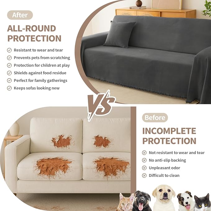 Couch Cover for Dogs, Boho Sofa Covers for 3 Cushion Couch, Chenille Sofa Slipcover for Pets Washable, L-Shape Sectional Couch Cover Soft Throw Blankets with Tassels(71x118,Charcoal Grey)