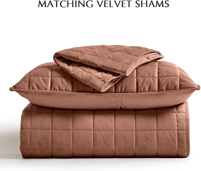 EVERGRACE Pearl Velvet Quilt King Size Bedding Sets, Luxurious Soft Velvet Comforter Set, Lightweight Box Stitching Oversized Bedspread Coverlet for All Season, with 2 Shams, Terracotta Clay
