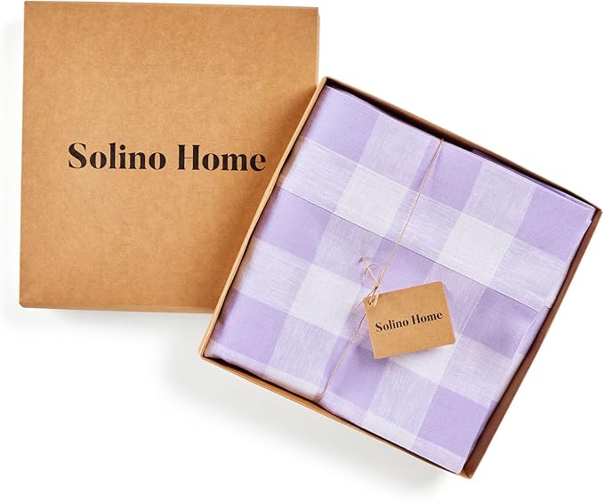 Solino Home Linen Checkered Tablecloth 60 x 108 Inch - 100% Pure Linen Buffalo Plaid Misty Lavender Table Cloth for Rectangular Tables - Machine Washable Tablecloth