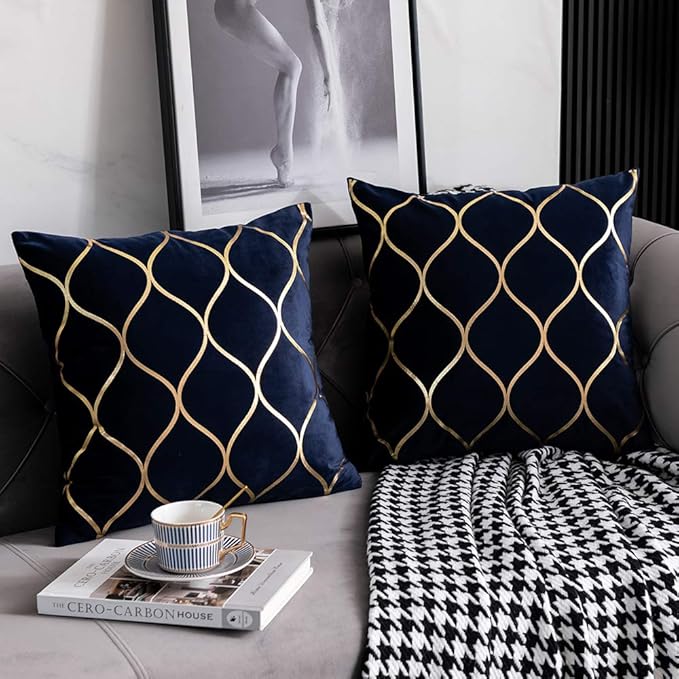 Gold Velvet Throw Pillow Covers Navy: 2 Pack 16x16 Inch Square Decorative Pillow Cases for Bedroom Sofa Couch Living Room