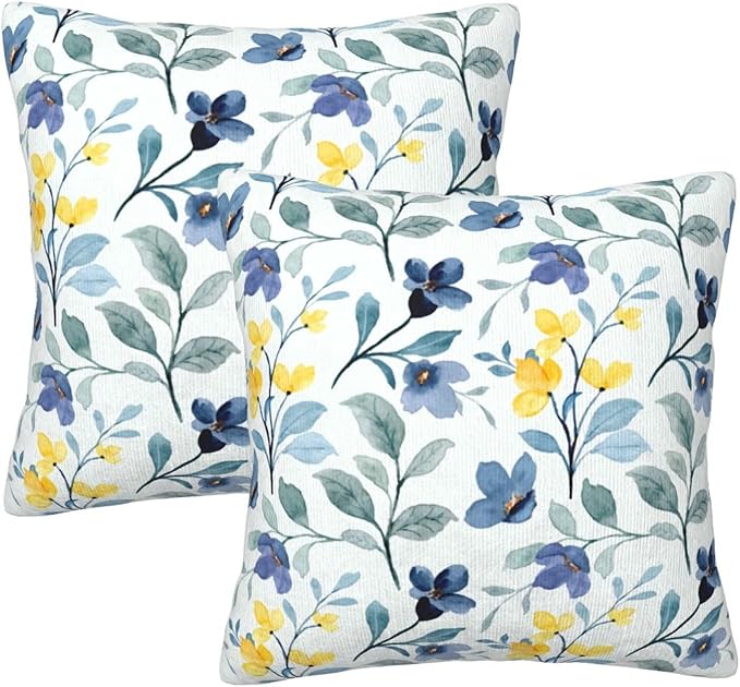 Spring Flowers Pillow Covers 20x20 Inch Set of 2 Blue and Yellow Flower Throw Pillow Cover Vintage Plant Floral Square Pillowcase Cushion Cases for Home Couch Bed Sofa