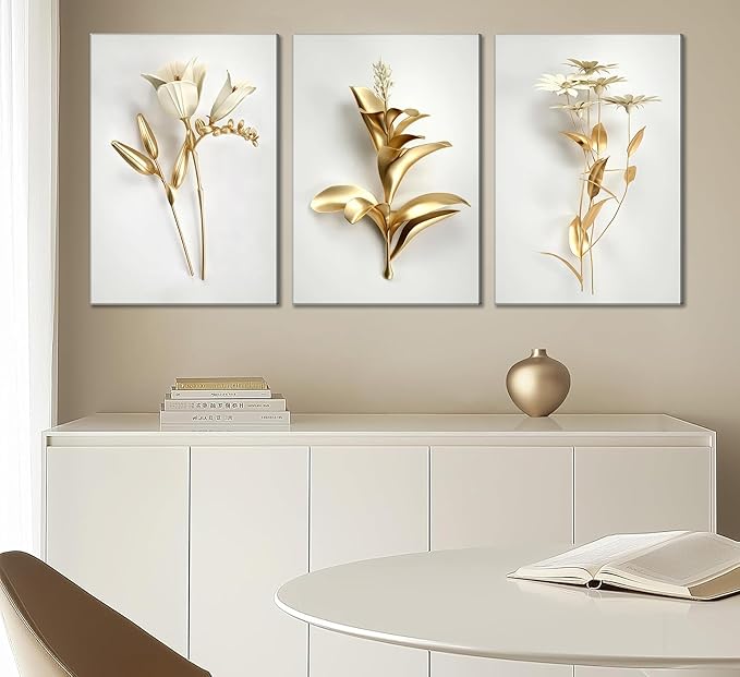 3Pcs Abstract Golden Flower Canvas Wall Art Modern Luxury Minimalism Nordic Floral Plant Painting Picture Wall Decor Poster Print Artwork for Living Room Bedroom Home Decoration
