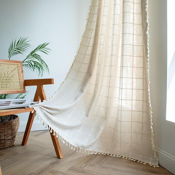 Sutuo Home Boho Curtains for Kitchen Bedroom Kid's Room 63 Inch Length,Bohemian Farmhouse Vintage Chic with Tassels Linen Country Window Treatment Drape, 1 Panel 52" W x 63" L, Light Coffee Plaids