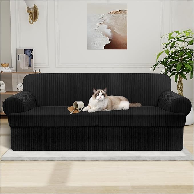 Waterproof Couch Cover 3-Piece Set Striped Sofa Slipcovers for 2 Separate T Cushion Couch - TPU Fabric Sofa Covers Leakproof Couch Protector for Kids, Pets(2 Cushion Sofa, Black)