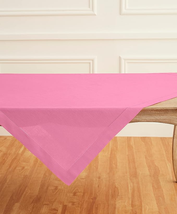 Solino Home Square Linen Tablecloth 52 x 52 Inch - 100% Pure Linen Flamingo Pink Table Throw - Classic Hemstitch, Machine Washable Table Cloth