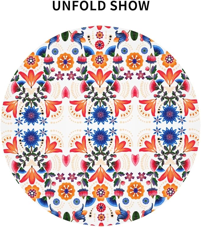 Mexican Round Tablecloth, Traditional Floral Tile Dia De Los Muertos Azulejo Mosaic Mexico Water Resisitant Table Cover for Dining Kitchen Living Room Home Party Holiday Decor 36 inch Round
