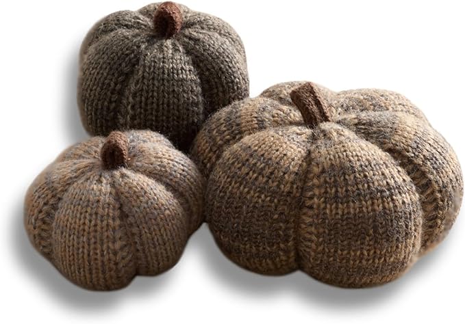 Your Heart's Content Set of 3 Cobblestone Grey Cozy Mini Knit Pumpkins, Autumn Bowl Filler, Rustic Farmhouse Table for Fall (Cobblestone Multi-Size Set)
