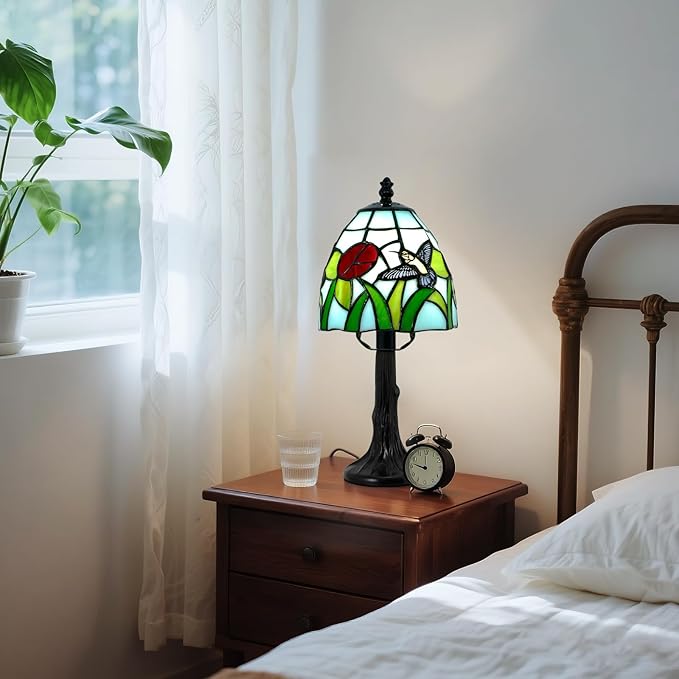 Tiffany Style Table Lamp - 6 Inch Stained Glass Table Lamps with Hummingbird & Flower, Vintage Tiffany Style Bedside Lamp, Small Desk Light with LED Bulb for Home Decor Ideal Gifts for Family Friends