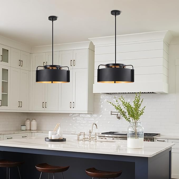 Chandelier, 4-Light Industrial Drum Chandeliers Matte Black Dining Room Light Fixture Flush Mount Pendant Light 18" for Foyer Entryway Kitchen Hallway Bedroom, E26 Base(Not Included Bulb)