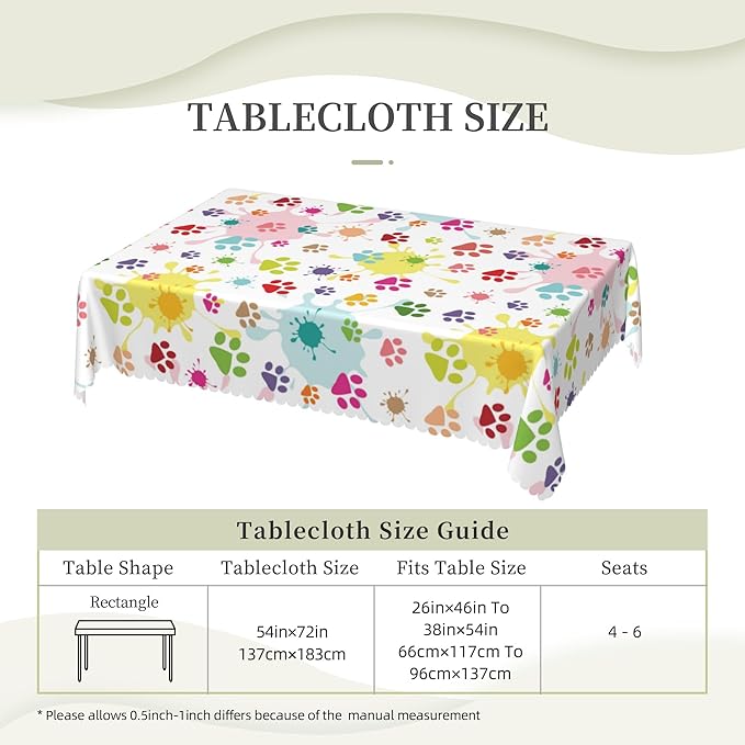 Colorful Paw Print Tablecloth Fun Animal Footprints Rectangle Tablecloth Hand Drawn Dog Paw Print Doodles Table Cover 54×72 Inch Washable Table Cloth for Kitchen Dining Room Party Decoration