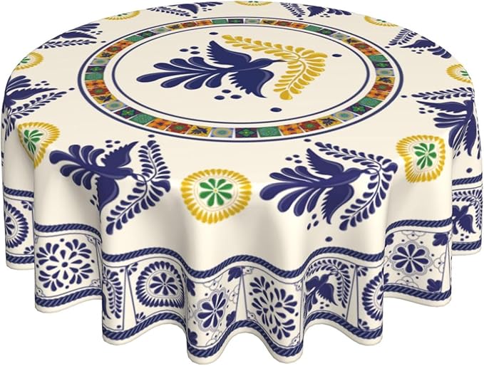 Mexican Round Tablecloth, Floral Bird Talavera Ceramic Tile Dia De Los Muertos Azulejo Mosaic Water Resisitant Table Cover for Dining Kitchen Living Room Home Party Holiday Decor 60 inch Round