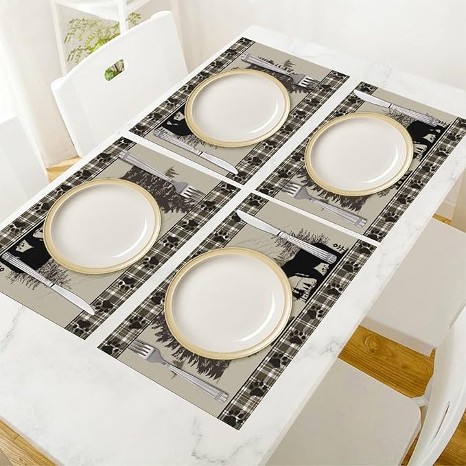 Rustic Bear Placemat Set of 6, 12x18 Inch Retro Farmhosue Green Buffalo Plaid Wildlife Wooden Forest Tree Cabin Country Lodge Coffee Table Mats for Outdoor Kitchen Dining Table Decoration