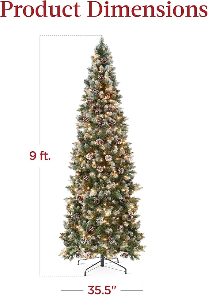 Best Choice Products 9ft Pre-lit Pencil Christmas Tree, Partially Flocked & Frosted Slim Holiday Tree Decoration, Skinny Xmas Tree, 450 Lights, 1,298 Frosted Tips, 82 Pine Cones, Foldable Stand