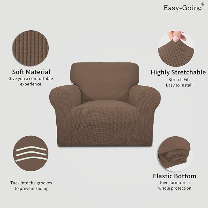 Easy-Going Stretch Chair Sofa Slipcover 1-Piece Couch Sofa Cover Furniture Protector Soft with Elastic Bottom for Kids, Pet. Spandex Jacquard Fabric Small Checks (Chair, Brown)