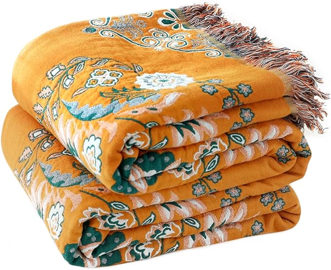 Boho Throw Blanket for Bed 100% Cotton Ultra Soft Rustic Quilt Fall Blanket Floral Printed Farmhouse Decor Bed Blankets,80"×90" All Season Rustic Throw for Sofa Couch Chair