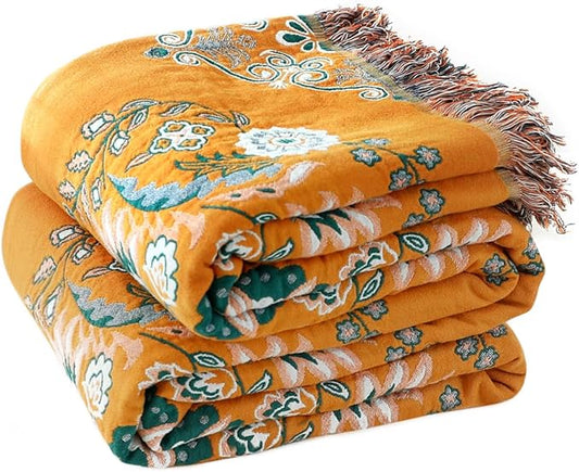 Boho Throw Blanket for Bed 100% Cotton Ultra Soft Rustic Quilt Fall Blanket Floral Printed Farmhouse Decor Bed Blankets,80"×90" All Season Rustic Throw for Sofa Couch Chair
