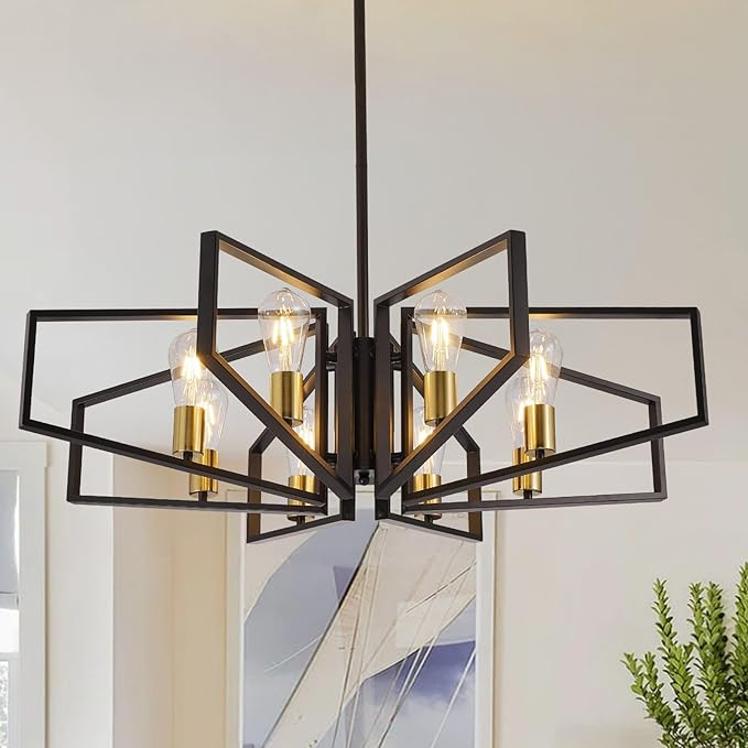 Black and Gold Chandelier, 8-Light Farmhouse Dining Room Light Fixture, Geometric Pendant Lights Kitchen Island, Modern Industrial Chandelier for Living Room, Bedroom, Foyer, Stairway, Entryway