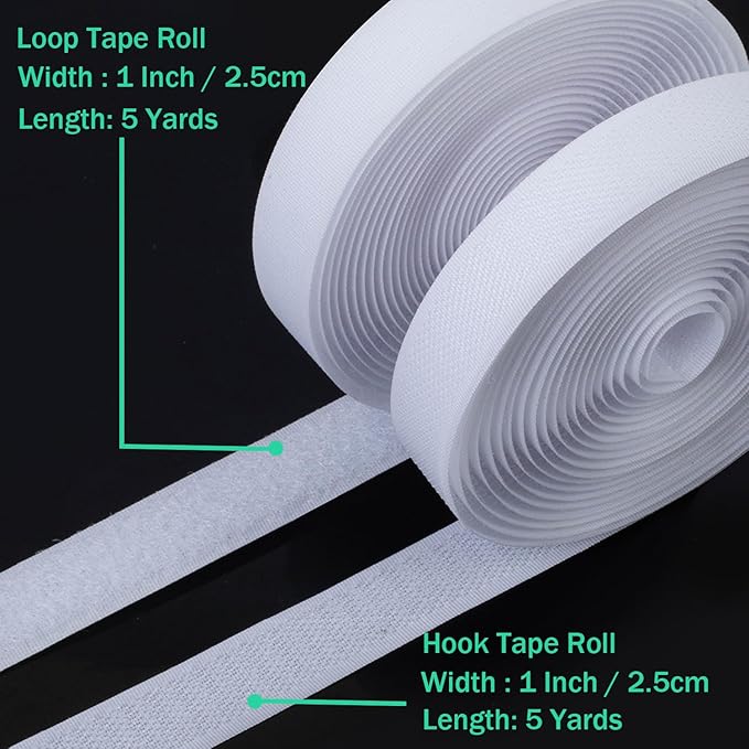 1 Inch Sew on Hook and Loop Strips | Easy to Sew | Excellent Grip | Non-Adhesive Back Nylon Fabric Fastener Strips for Clothing Sewing Crafts and DIY Projects, White, 1in x 5yd