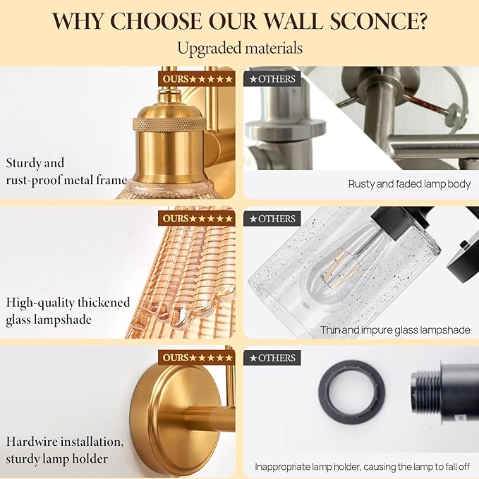 Wall Sconce Set of 2, Gold Vintage Light Fixtures with Long Amber Glass Lampshade, Hardwired Sconces Wall Lighting for Bedroom, Bathroom, Living Room | Includes 2 LED Bulbs