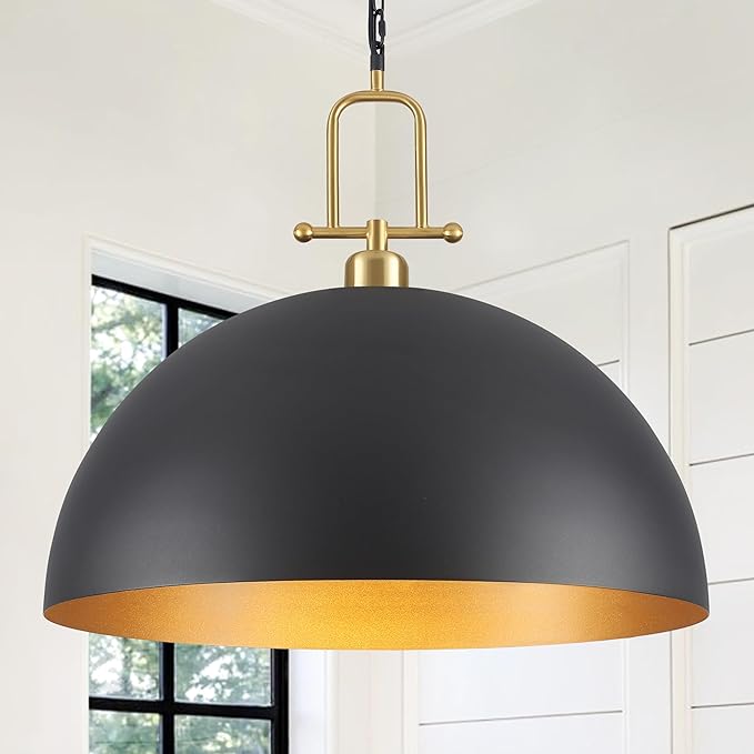 23.7" Oversize Dome Pendant Light, Black and Gold Pendant Light Fixtures Large Dome Chandelier for Dining Room, Kitchen Island, Entryway, Hallway, Bedroom