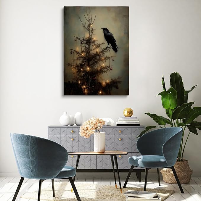 Raven on Christmas Tree Wall Art,Gothic Crow,Dark Academia,Wildlife Painting,Dark Christmas Tree Branch for Cottagecore Farmhouse Decor