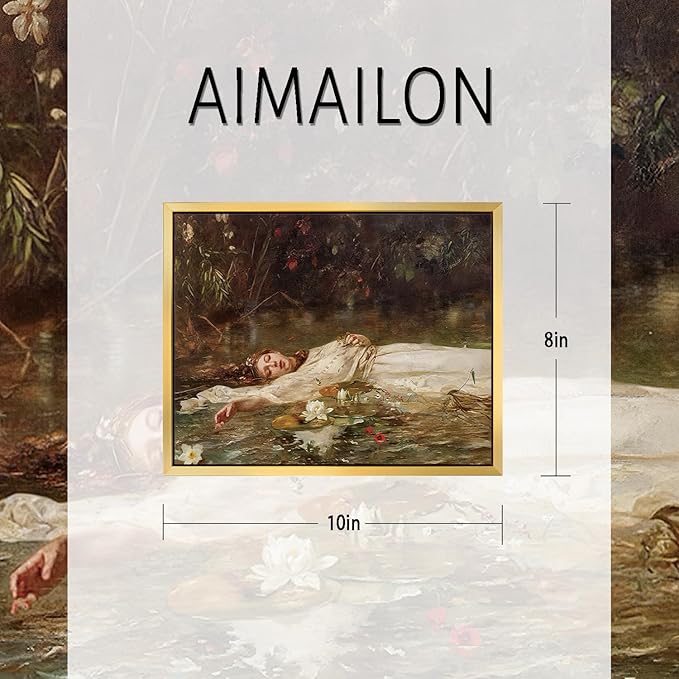 AIMAILON Vintage Gold Canvas Wall Art Framed Decor for Study Room Bedroom Classical Relaxing Young Lady Picture Victorian Summer Pond Lotus Background Artwork Desktop Home Decoration 8x10