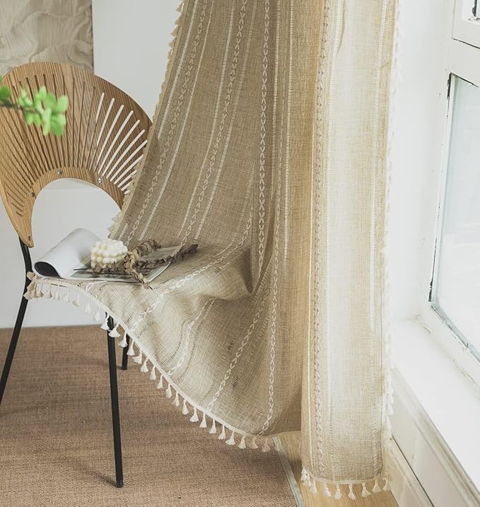 Sutuo Home Boho Curtains for Bedroom Living Room Patio 108 Inches Long, Light Filtering Privacy Country Farmhouse Vintage Tassels Hollow Window Treatment Bohemian Drape 1 Panel 52" W x 108" L Natural