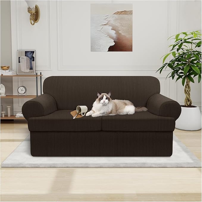 Waterproof Loveseat Cover 3-Piece Set Striped Slipcover for 2 Separate T Cushion Couch - TPU Fabric 2-Seater Sofa Covers Leakproof Couch Protector for Kids, Pets(Loveseat, Brown)