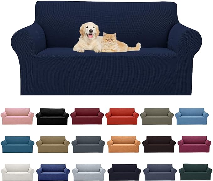 Cupuamon 2025 New Stretch Loveseat Sofa Slipcovers Couch Cover for 2 Cushion Furniture Protector Sofa Covers with Elastic Bottom Jacquard Fabric Small Checks for Pets, Kids - Navy