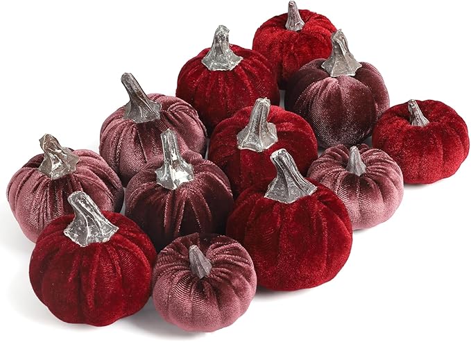 12pcs Velvet Fake Pumpkins Fall Decor Faux Small Foam Fabric Pumpkin for Autumn Table Centerpiece Party Farmhouse Harvest Thanksgiving (Burgundy/Mulberry)