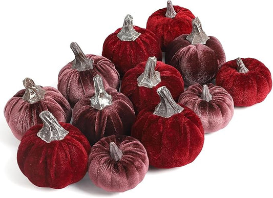 12pcs Velvet Fake Pumpkins Fall Decor Faux Small Foam Fabric Pumpkin for Autumn Table Centerpiece Party Farmhouse Harvest Thanksgiving (Burgundy/Mulberry)