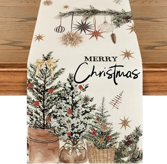 Artoid Mode Xmas Trees Holly Pine Cone Merry Christmas Table Runner, Seasonal Winter Kitchen Dining Table Decoration for Home Party Decor 13x60 Inch
