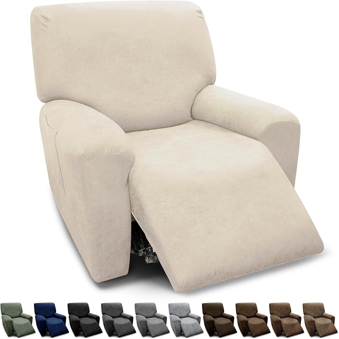 Chair Covers 4-Pieces Recliner Chair Covers 1 Seater Cover for Recliner Chair Leather Look Recliner Slipcovers with Pockets Furniture Covers(Recliner, Ivory)