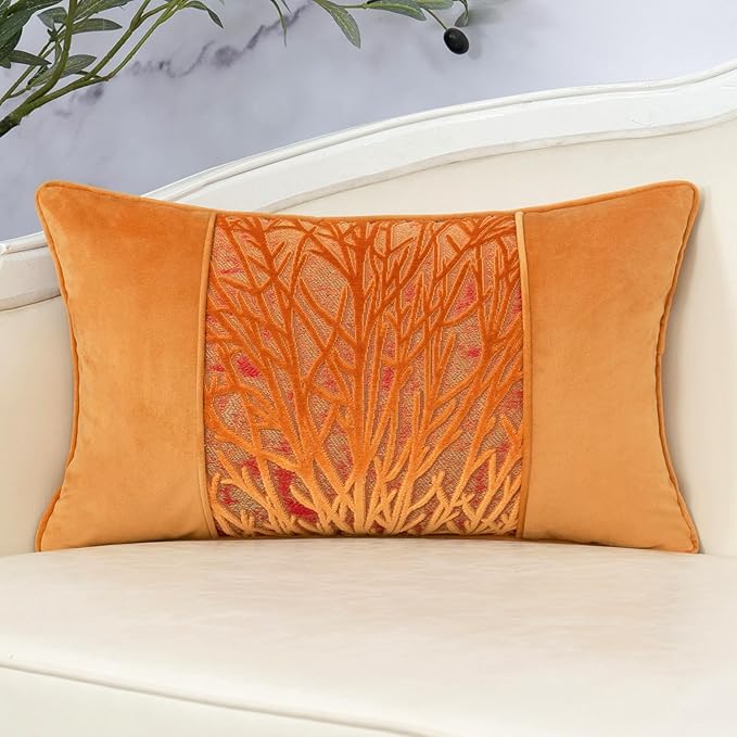 Yangest Orange Yellow Throw Pillow Cover Velvet Cushion Cover Branches Rectangular Pillowcase for Sofa Couch Bedroom Living Room, 12x20 Inch