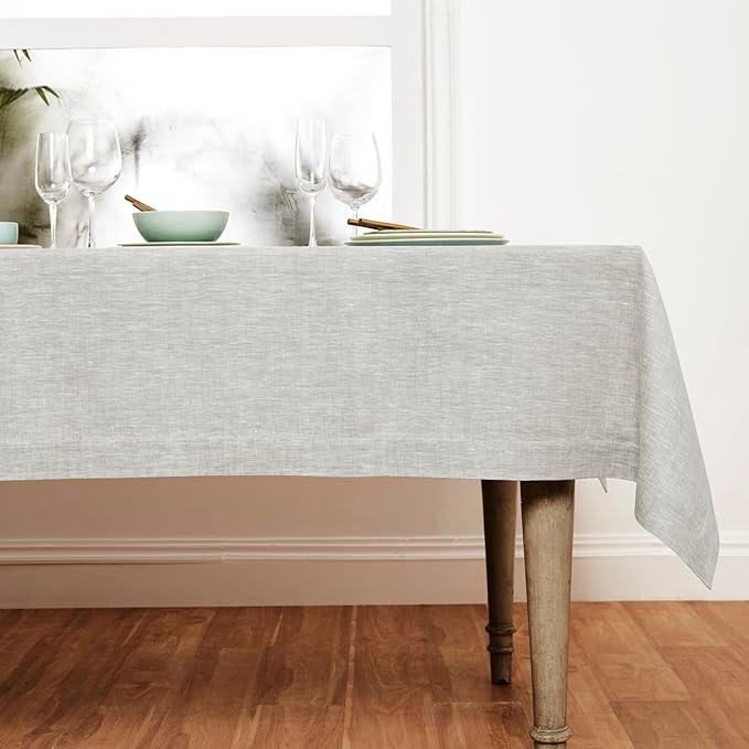 Solino Home Linen Tablecloth 60 x 120 Inch - 100% Pure Linen Oyster Grey Table Cloth for Rectangular Tables - Athena, Machine Washable Cloth Tablecloth for Fall, Thanksgiving, Holiday