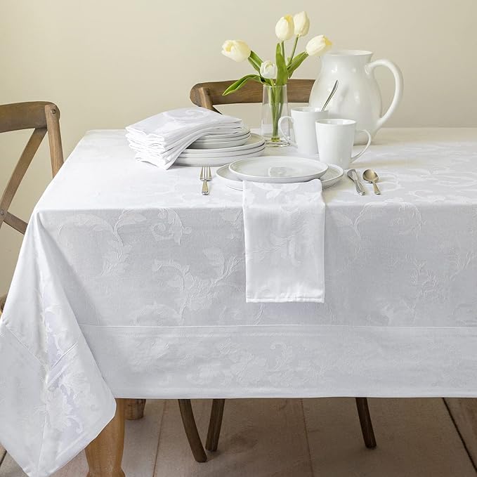 Benson Mills Harmony Scroll Woven Damask Fabric Tablecloth, Everyday, Parties, Special Occasions, Weddings and Holiday Table Cloth (60" X 144" Rectangular, White)