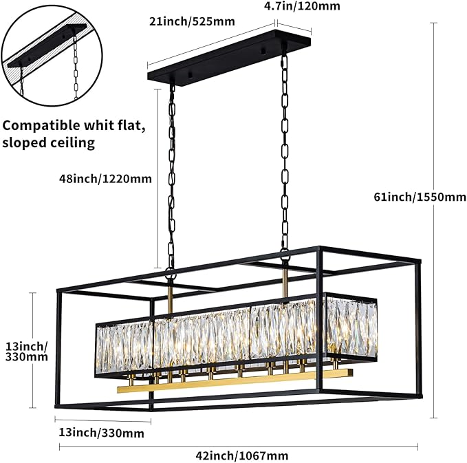 Vezzio Large Chandeliers for Dining Room Modern Black and Gold Channdelier L42 inch Crystal Ceiling Light Fixture Over Table 8 Lights Rectangle Chandelier for Kitchen Island