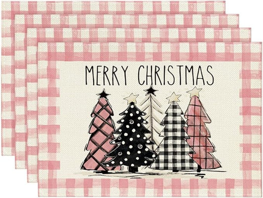 Artoid Mode Waterclor Pink Buffalo Plaid Christmas Trees Placemats Set of 4, 12x18 Inch Winter Table Mats for Outdoor Home Party Kitchen Dining Decor