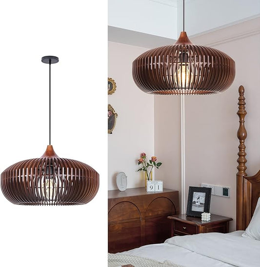 Arturesthome Farmhouse Round Wood Pendant Light, Rustic Wooden Hanging Ceiling Light Fixture for Kitchen Island Cafe Basement Hallway, Coffee