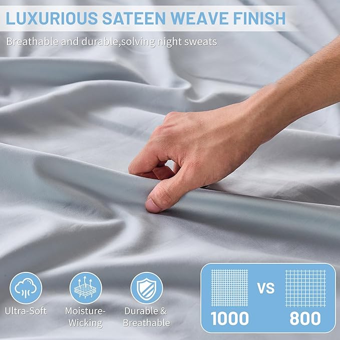 MEISHANG 1000 Thread Count Cotton Sheets California King - 100% Egyptian Cotton, Sateen Weave, Soft & Breathable, Oeko-Tex Certified, 16" Deep Pockets - 4 Piece (Cal King, Light Blue)