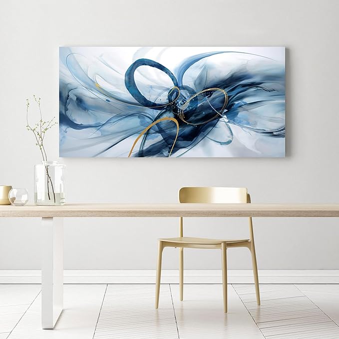 XLSJERST Extra Large Canvas Wall Art - Modern Abstract Abstract Wall Art for Living Room Wall Decor Blue and White Picture Artwork for Living Room Office Bedroom Home Decoration