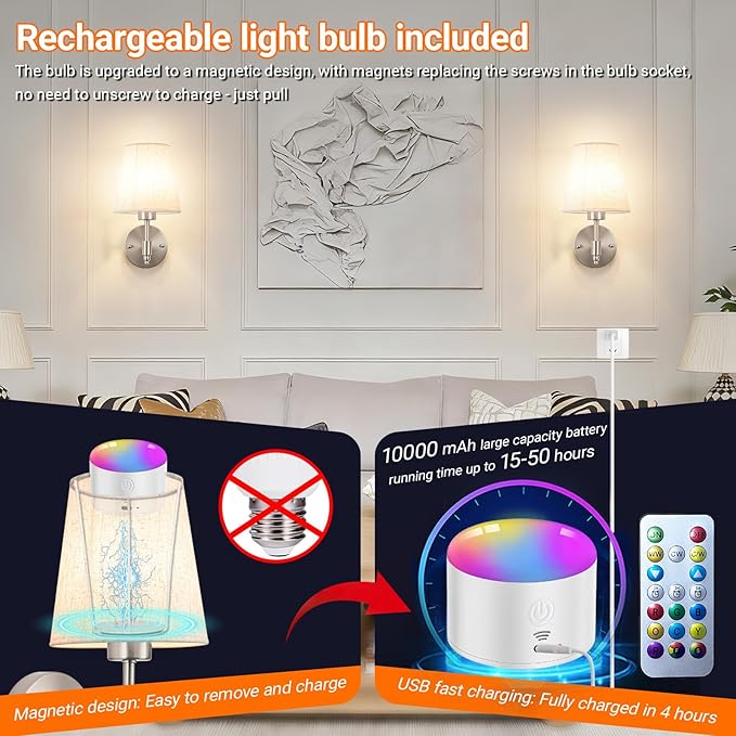 Battery Operated Wall Sconces Set of Two, Indoor Wireless Wall Mounted Lamp with 10000mAh Dimmable Bulb and Remote, RGB Colors Rechargeable Wall Light for Bedroom Living Room Decor