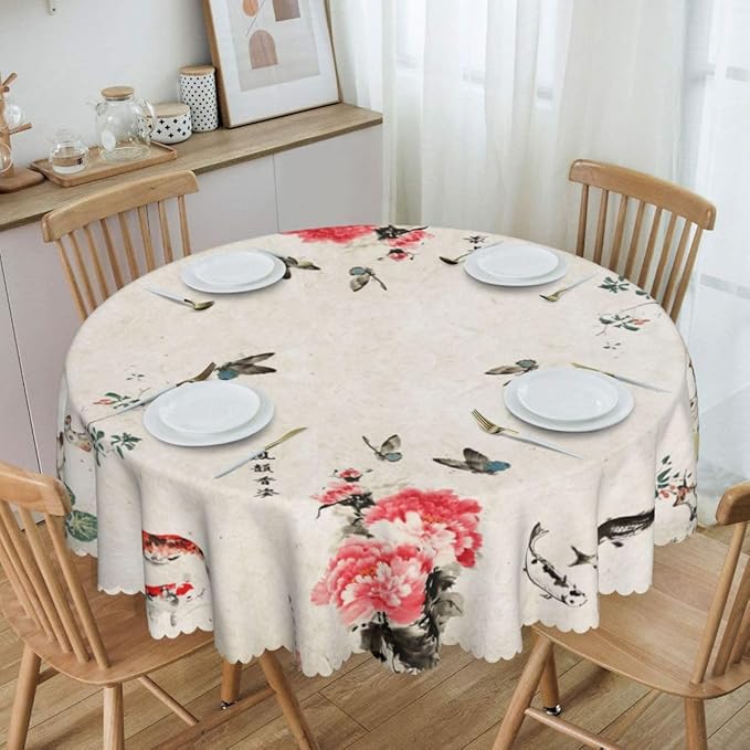 Chinese Tablecloth, Traditoanl Landscape Floral Oriental Koi Vintage Ink Painting Japanese Water Resisitant Table Cover for Dining Kitchen Living Room Home Party Holiday Decor 70 inch Round