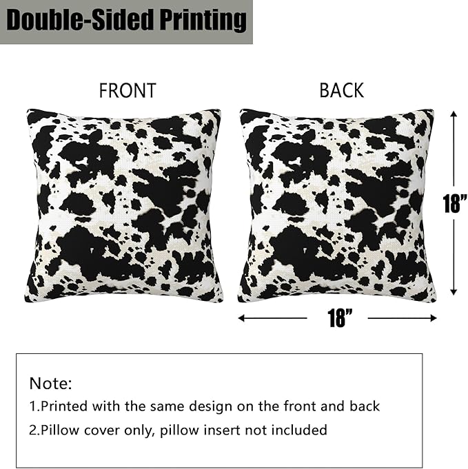 Black and White Cow Spot Print Pillow Covers 18X18 Set of 2, Cowhide Animal Skins Decorative Throw Pillow Covers, Pillowcase Cushion Case for Home Sofa Couch Indoor Outdoor Decorations