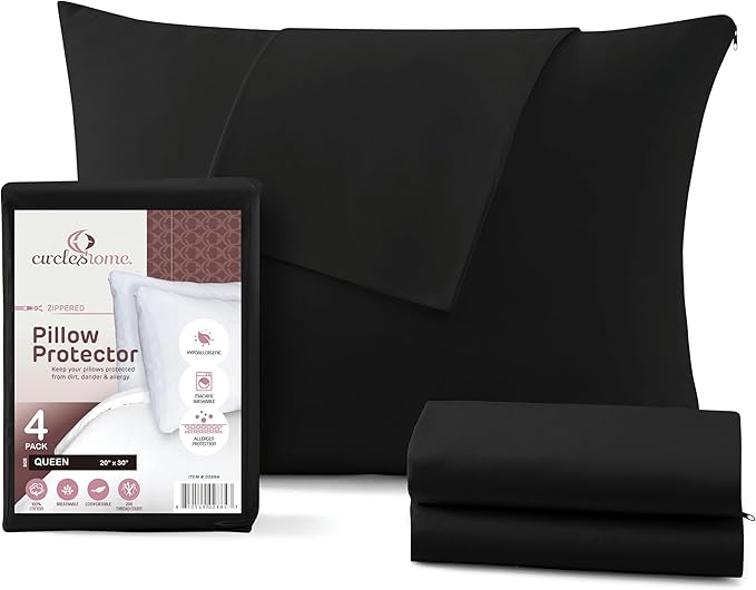 CirclesHome Pillow Protectors 4 Pack Queen Zippered - 100% Cotton Breathable Pillowcases - Protects Pillows from Dirt, Dust and Debris (Queen- Set of 4 - 20x30)